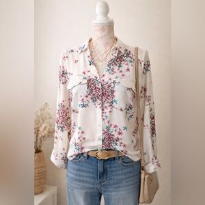 Candie's Pink and Blue Floral Lace Shoulder Blouse Sz Small Romantic Boho